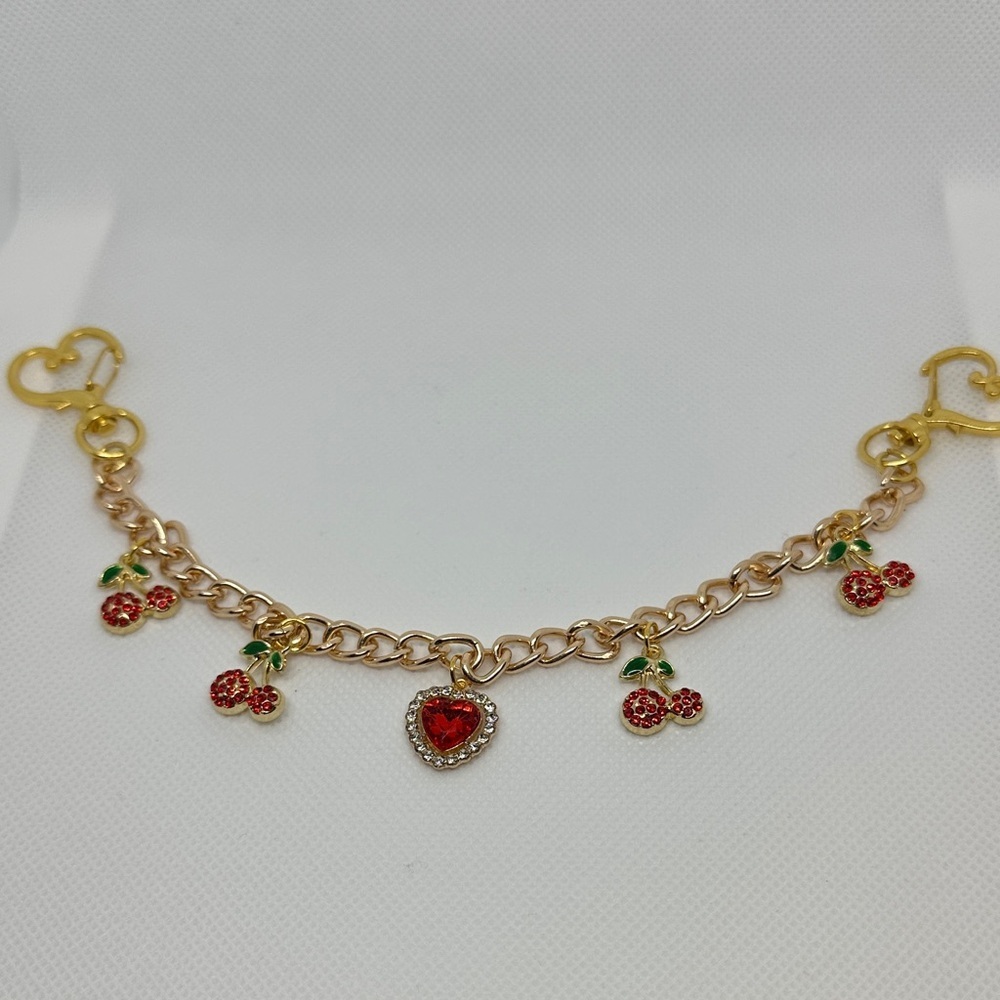 Bag Charm Gold tone Chain Red Cherries With Green Accents leaf 🍃 - Picture 2 of 4